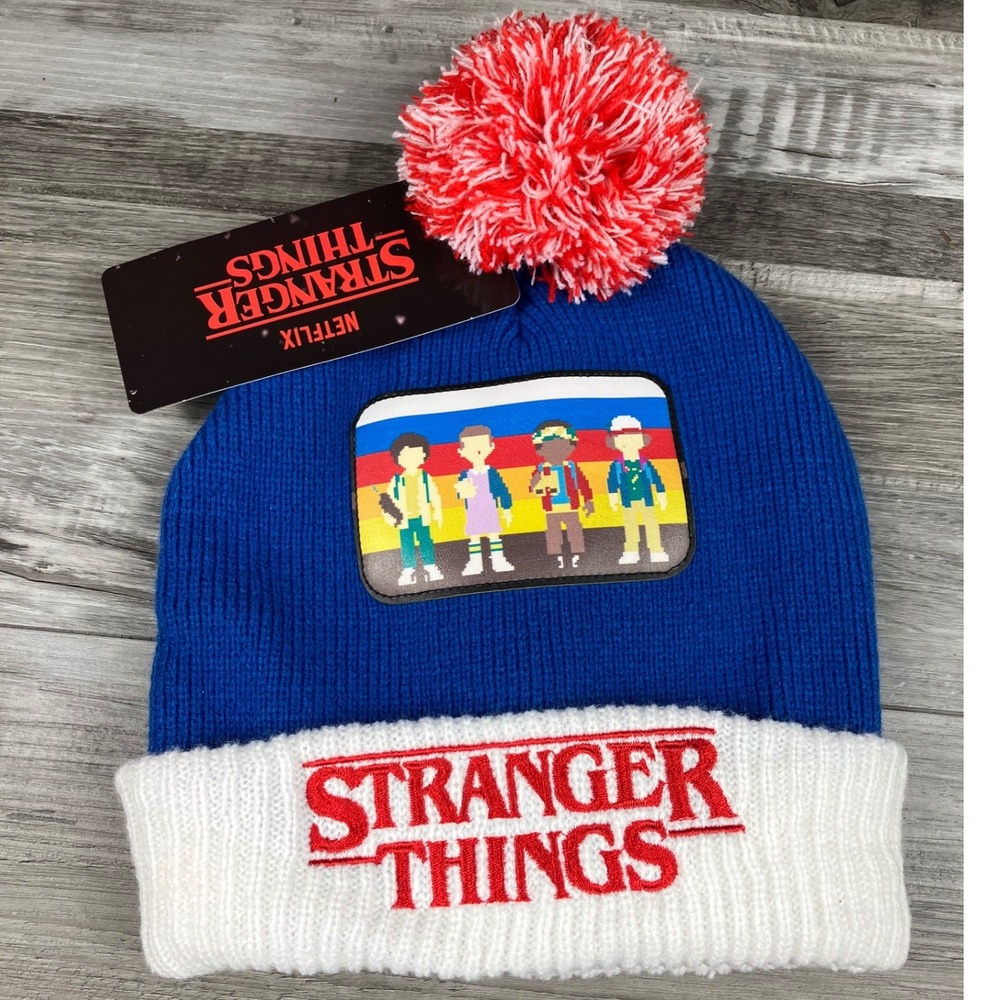 Netflix Stranger Things Blue White Red Pom Beanie Hat Pixel Art Patch NWT